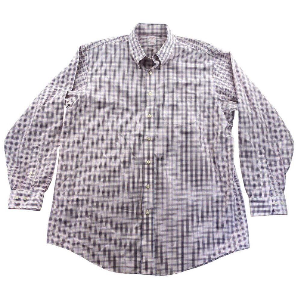 Brooks Brothers 346 Men's Dress Shirt 17.5 Neck Size Red Plaid Button-Down Top